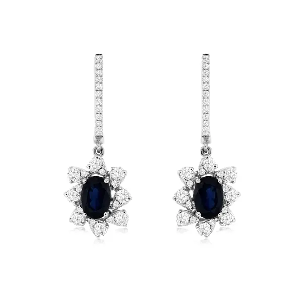 1.9 Carat Oval Sapphire And Diamond Halo Earrings In 14K White Gold 1