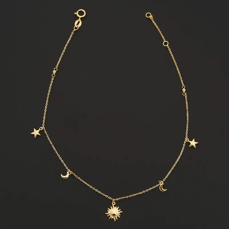10-Inch Sun, Moon & Star-Themed Anklet In 14K Yellow Gold 1