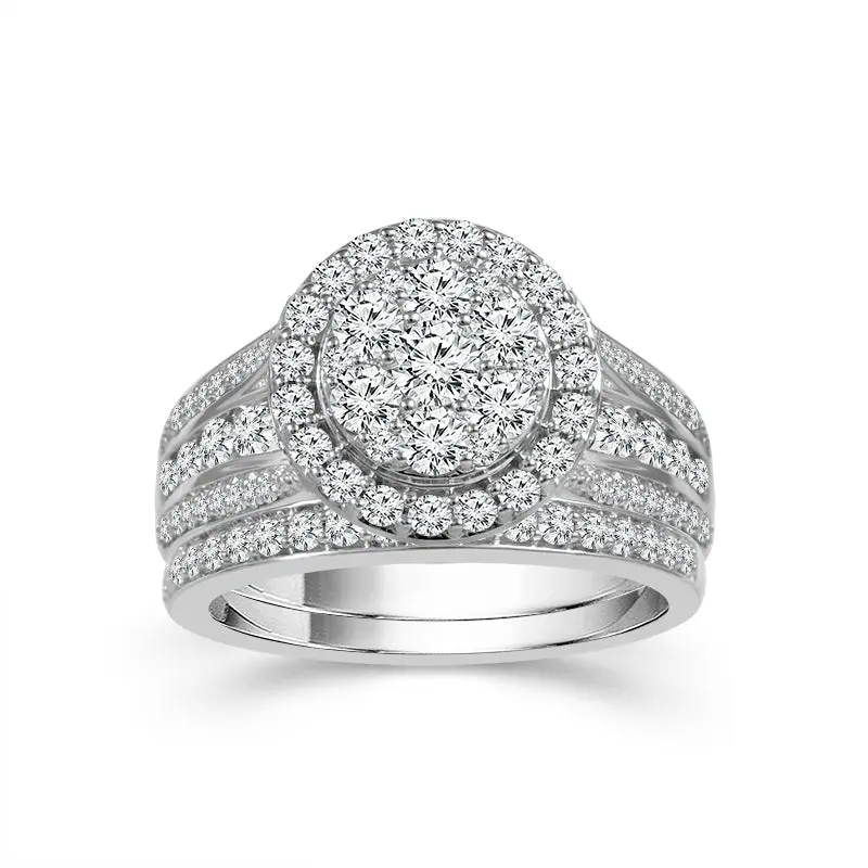 10K White Gold Halo Cluster Diamond Wedding Set – 1.50 Ct 1