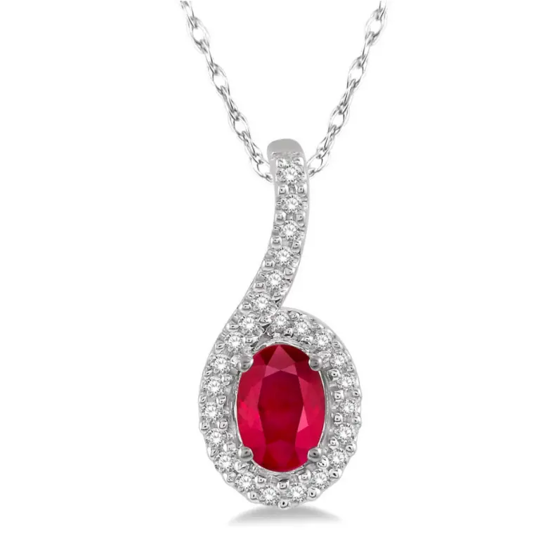 10K White Gold Ruby And Diamond Pendant (6X4Mm Ruby, 0.125Ct Diamond) 1