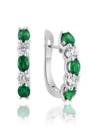 14K White Gold Emerald-Inlaid Hoop Earrings With Diamond Details 1