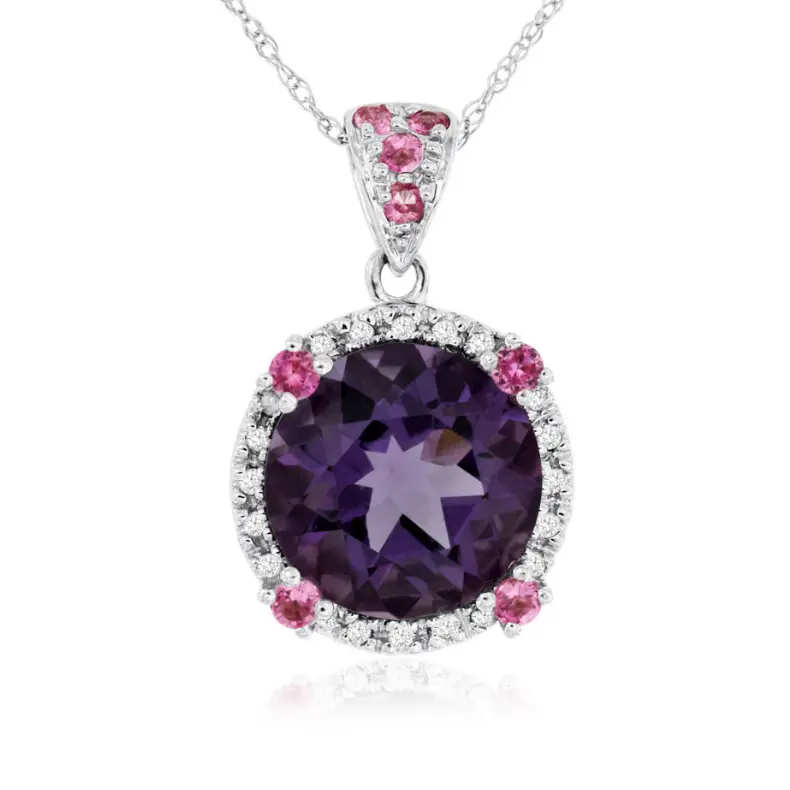 14K White Gold Multi-Gemstone Pendant: Pink Sapphire, Amethyst & Diamonds (4.4Ctw) 1