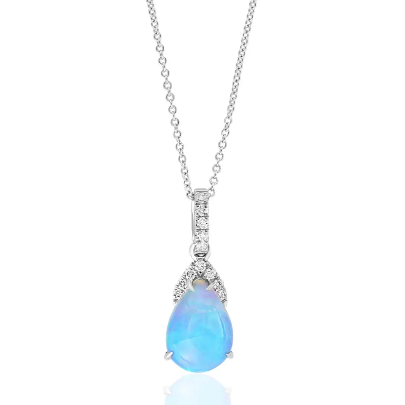 14K White Gold Pendant Featuring A Pear-Cut Ethiopian Opal Surrounded By Diamonds 1