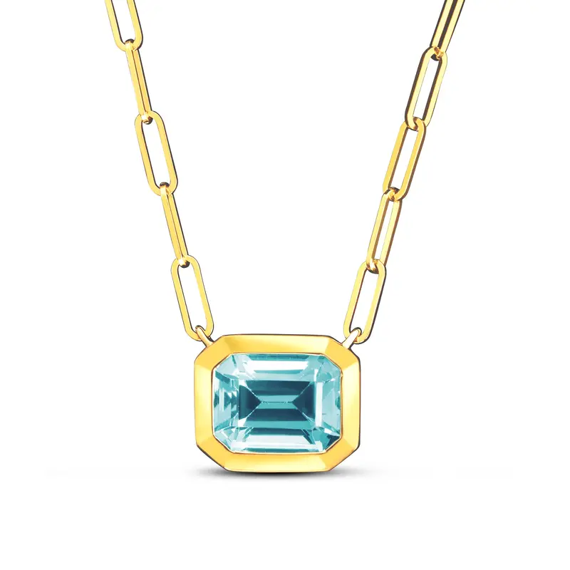14K Yellow Gold Emerald-Cut Blue Topaz Paperclip Necklace 1