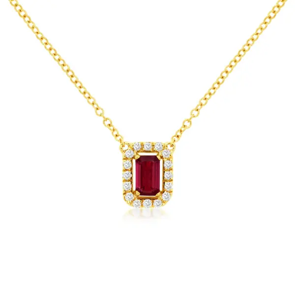 14K Yellow Gold Emerald-Cut Ruby Halo Pendant With Diamonds 1