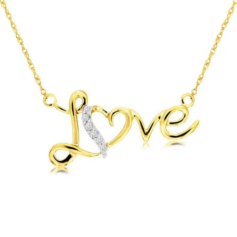 14K Yellow Gold Love-Themed Diamond Pendant – 1/50 Carat Total Weight 1