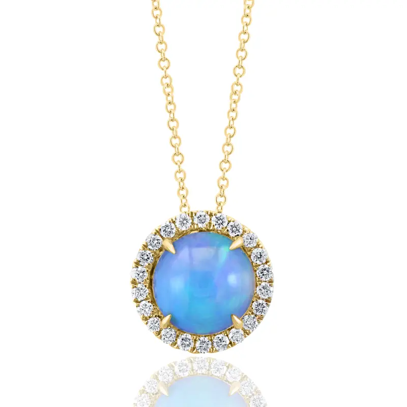 18K Gold Ethiopian Opal Pendant With Diamond Halo On Italian Rolled Link Chain 1