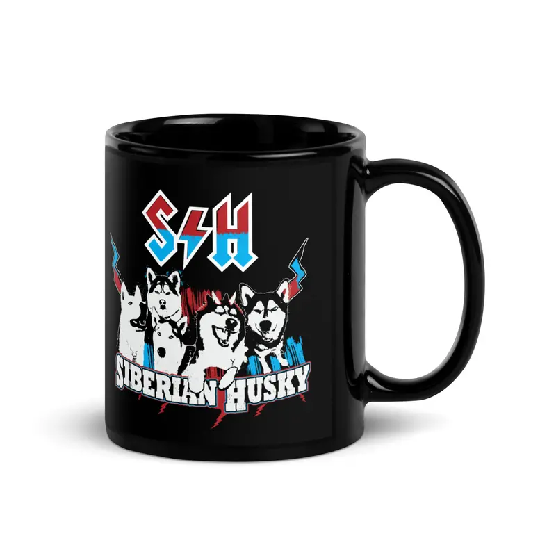Ac/Dc-Inspired Siberian Husky Black Glossy Mug – Rock Dog Design 1