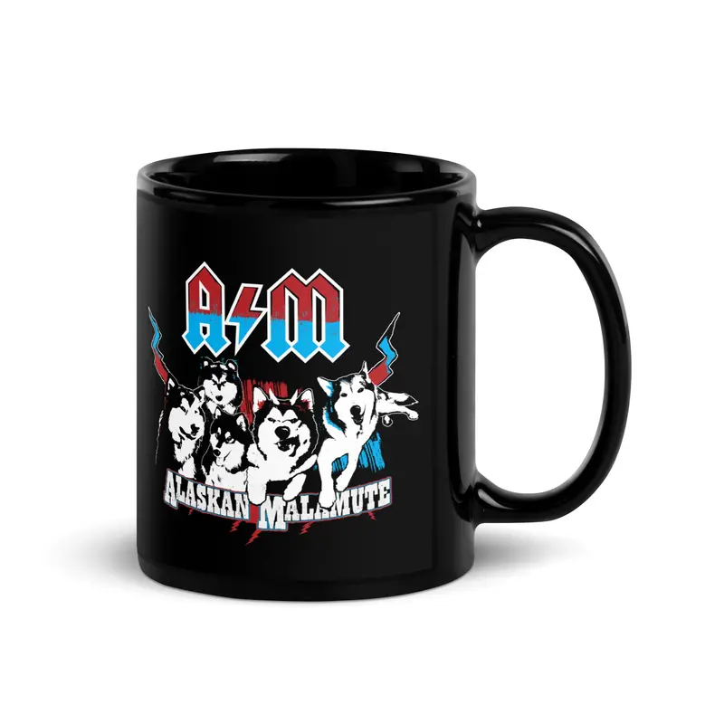 Ac/Dc-Themed Alaskan Malamute Black Glossy Mug – Canine Rock Art 1