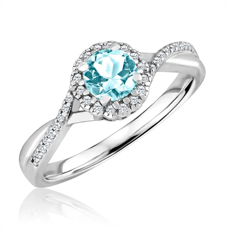 Aquamarine Birthstone Ring With Diamond Halo – March, Sterling Silver 1