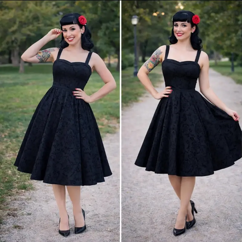 Black 1950S-Style Strap Swing Dress – Damask Rockabilly Midi Cut 1