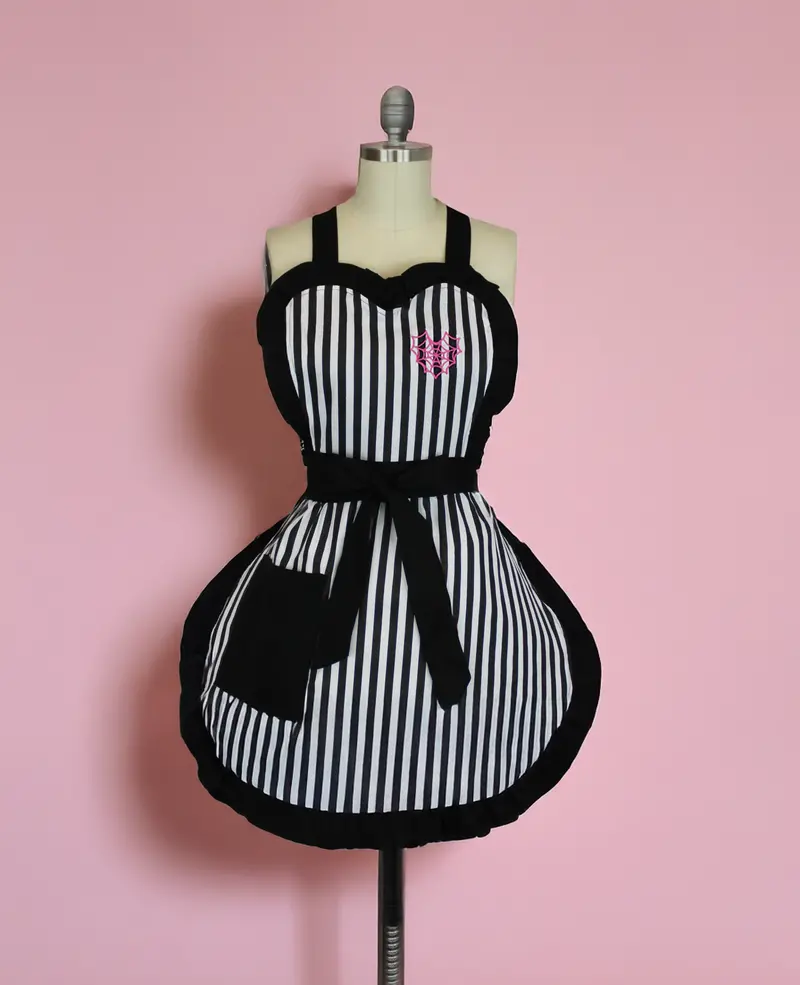 Black-And-White Striped Vintage Apron With Pink Spiderweb Heart Motif 1