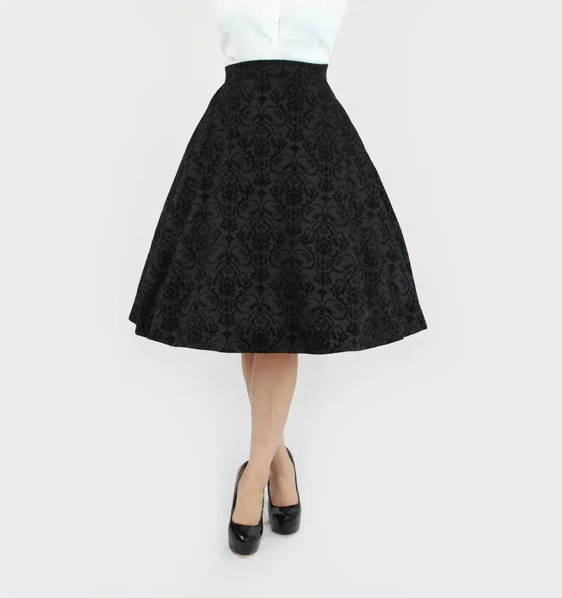Black Full Circle Skirt – Holiday Damask Design Inspired By Audrey Hepburn (Xs–3X) 1