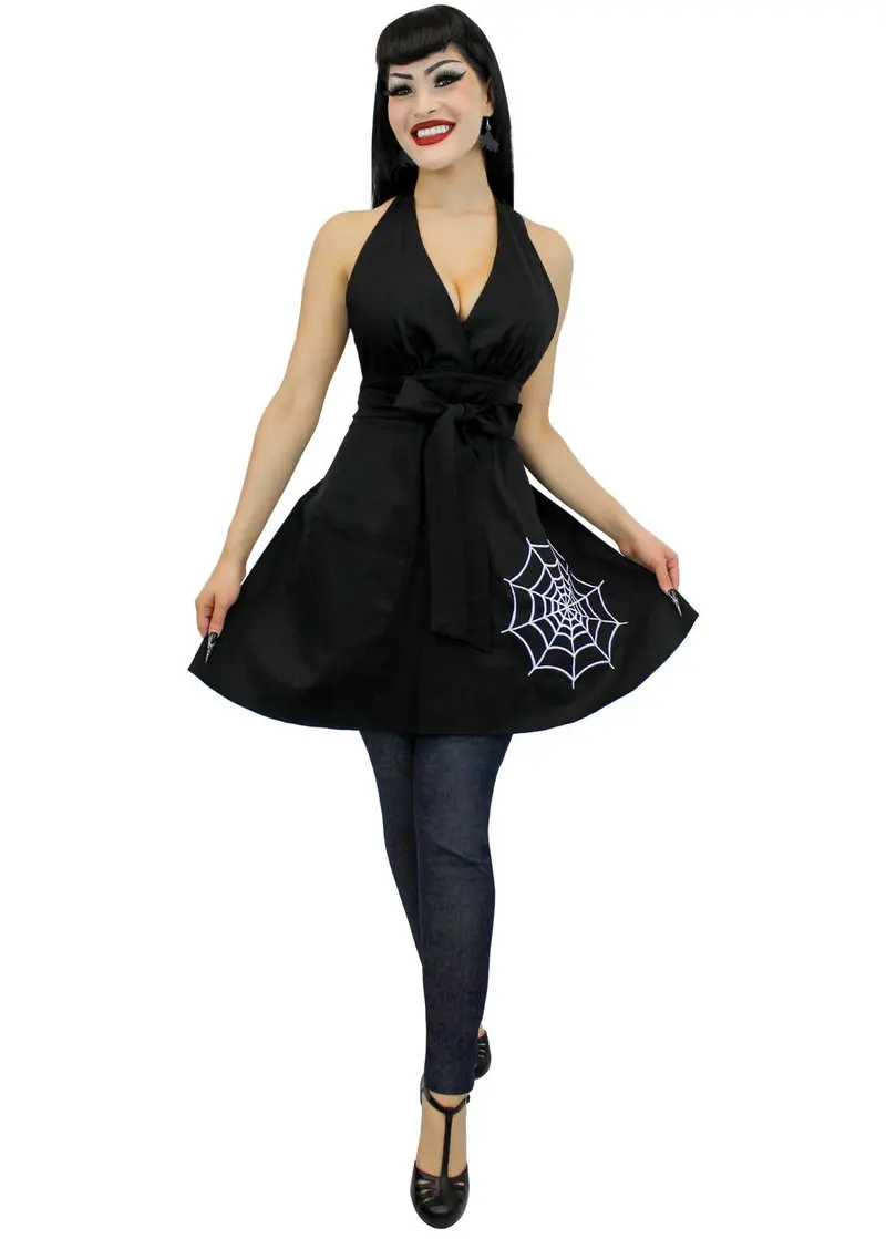 Black Spiderweb Print Apron With Vintage Appeal 1