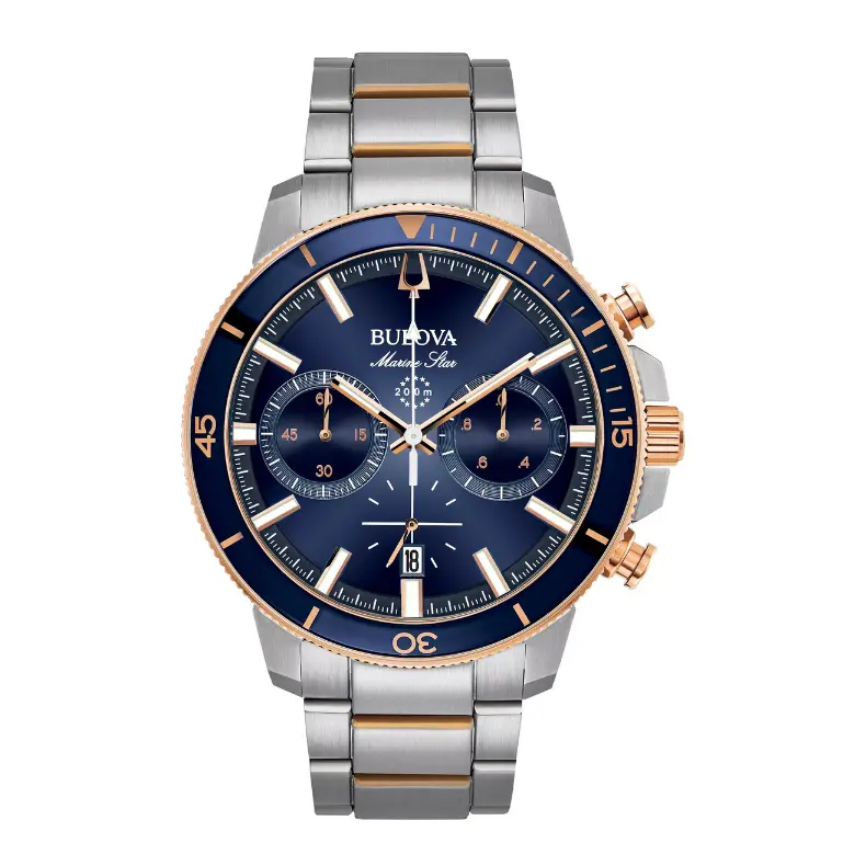 Bulova 98B301 – Marine Star Men'S Watch With Rose Gold Case & Blue Dial 1