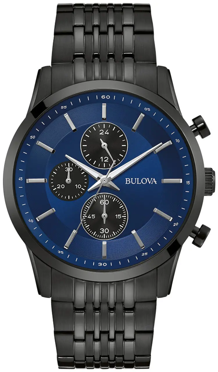 Bulova Chronograph Watch For Men: Black & Blue Dial With Stainless Steel Case 1