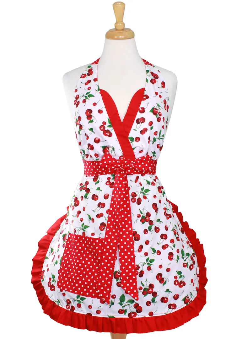 "Butter Me Up" Cherry Pie Christmas Apron – Mrs. Claus Retro Holiday Design 1