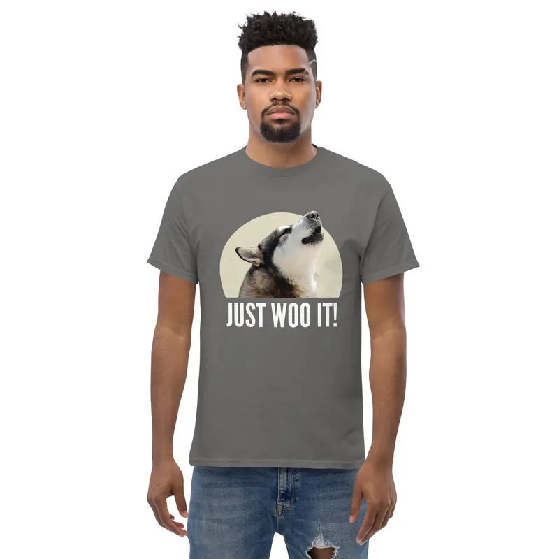 Custom 'Just Woo It!' Dual-Breed Unisex T-Shirt – Husky & Malamute Art 1