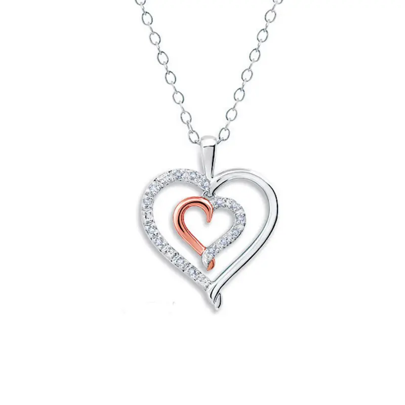 Double Heart Pendant – Sterling Silver With Rose Gold Plating & Diamond Accents 1