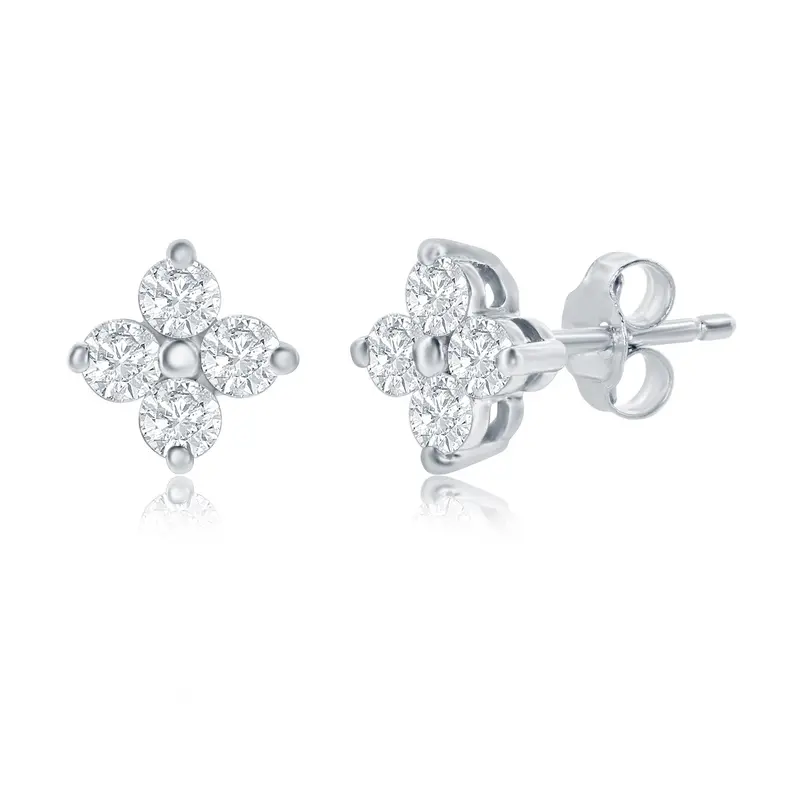 Elegant Floral Diamond Studs In 14K White Gold – 0.50Ctw, Si Clarity 1
