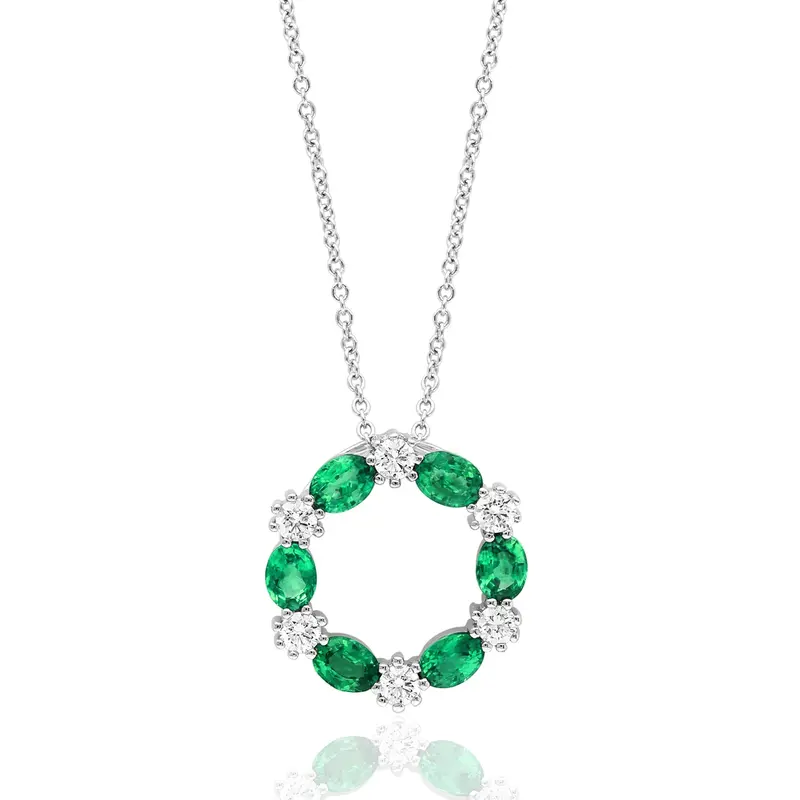 Emerald And Diamond Wreath Pendant In 14K White Gold With Adjustable Chain 1