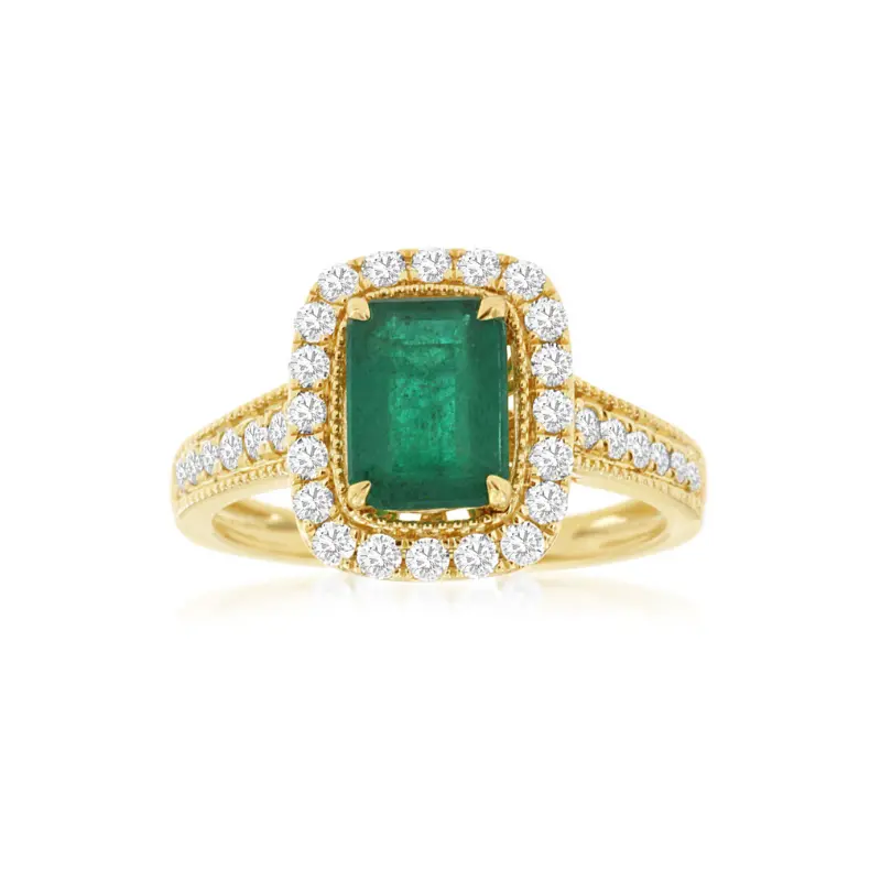 Emerald-Cut Emerald And Diamond Halo Ring In 14K Yellow Gold 1
