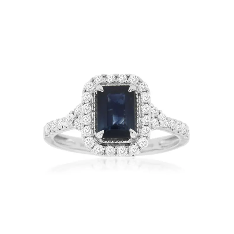 Emerald-Cut Sapphire And Diamond Halo Ring In 14K White Gold 1