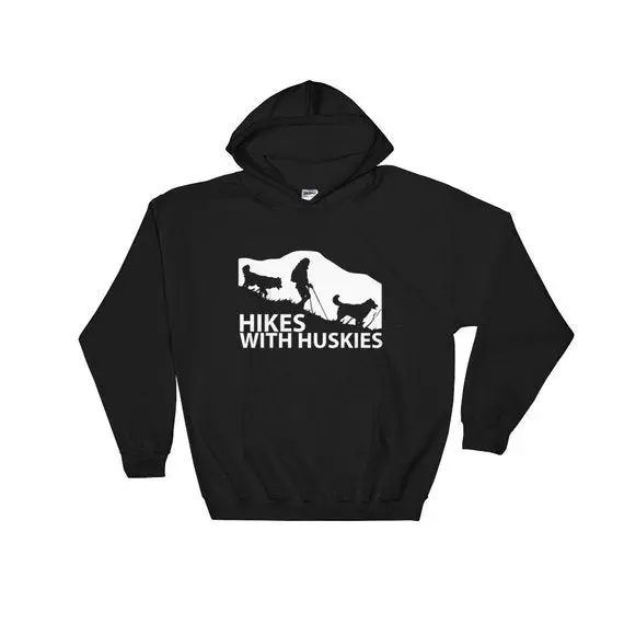 'Hikes With Huskies' 8 Oz Hoodie – Adventure-Ready Siberian Husky Design 1