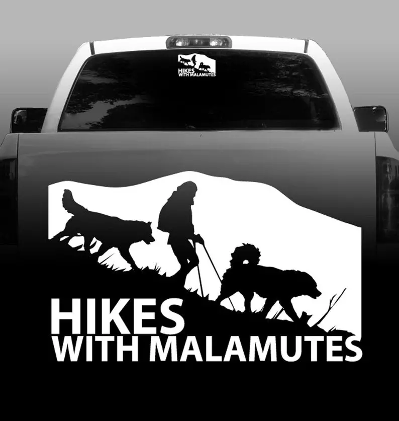 Hikes With Malamutes Vehicle Decal – Rugged Outdoor Design 1