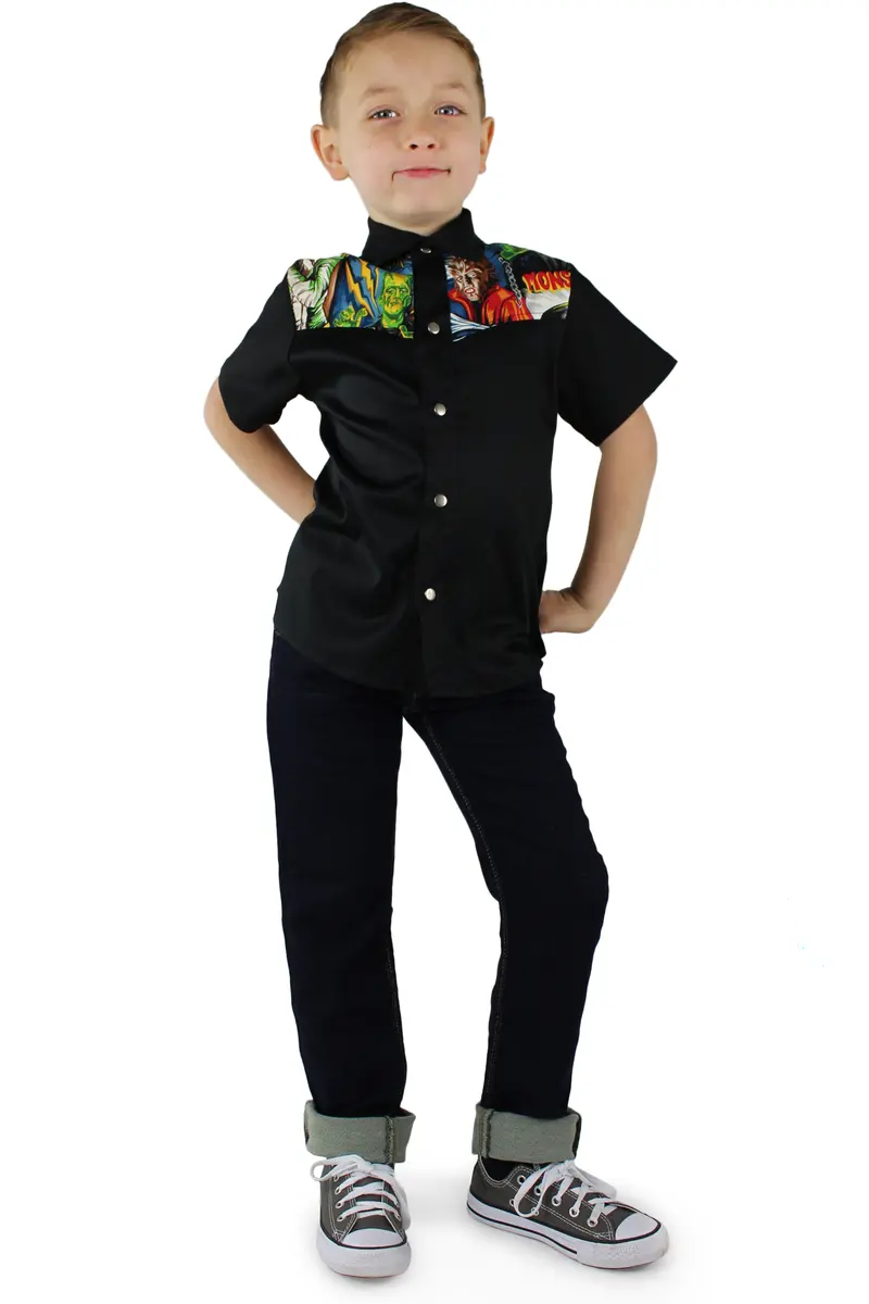 Hollywood Monsters Western Shirt For Boys – Retro Americana Print 1