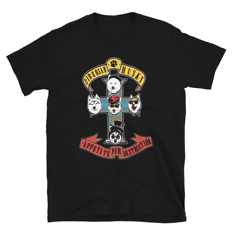 'Huskies Rock Guns And Roses' Unisex T-Shirt – Rock-Inspired Siberian Husky Graphic 1