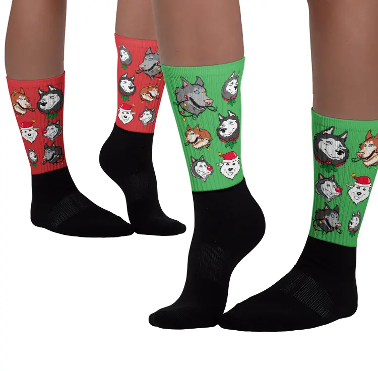 Husky Holiday Sublimation Socks – Festive Siberian Pattern 1