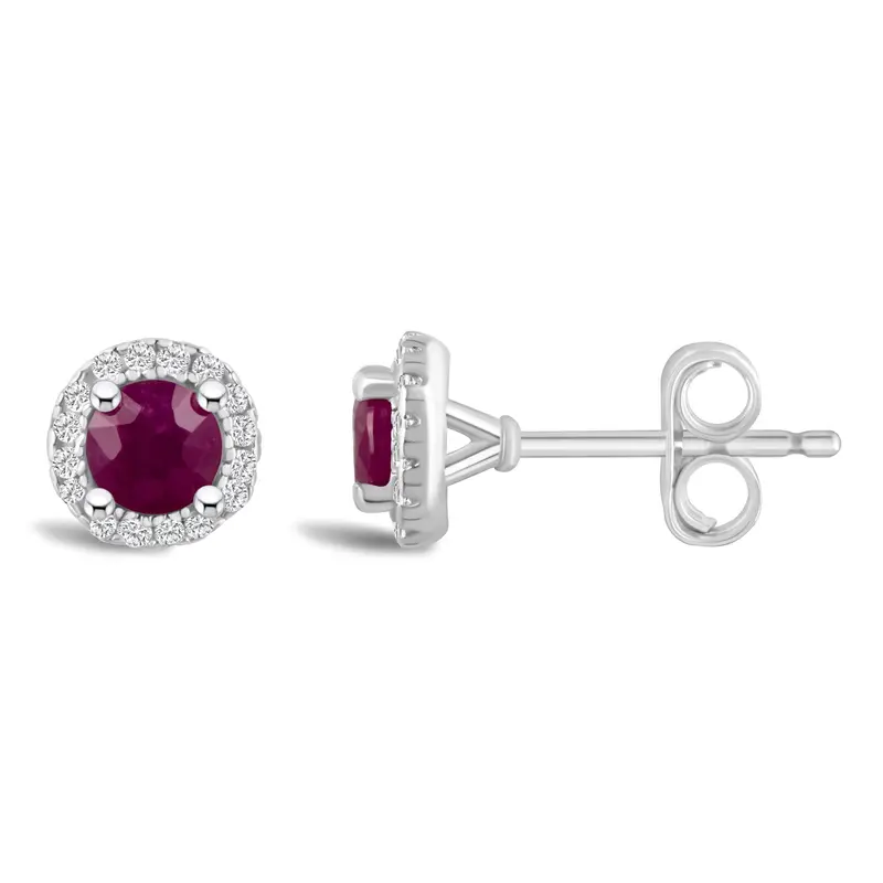 July Birthstone Earrings – Round Ruby & Diamond Halo, Sterling Silver 1
