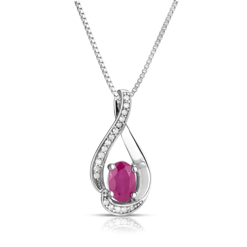 July Birthstone Pendant – Oval Ruby With Diamond Swirl Design, Sterling Silver 1