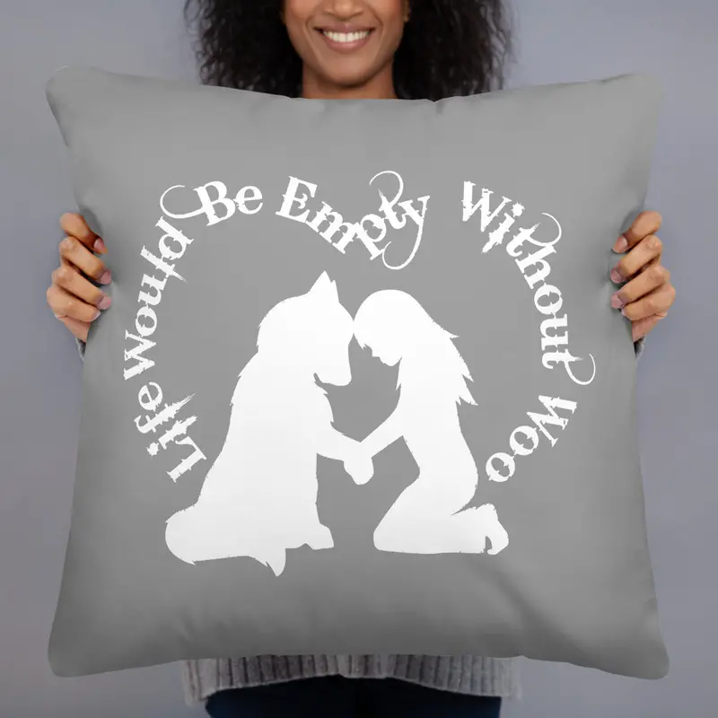 'Life Would Be Empty Without Woo' Large Square Throw Pillow – Alaskan Malamute & Siberian Husky Art Design 6