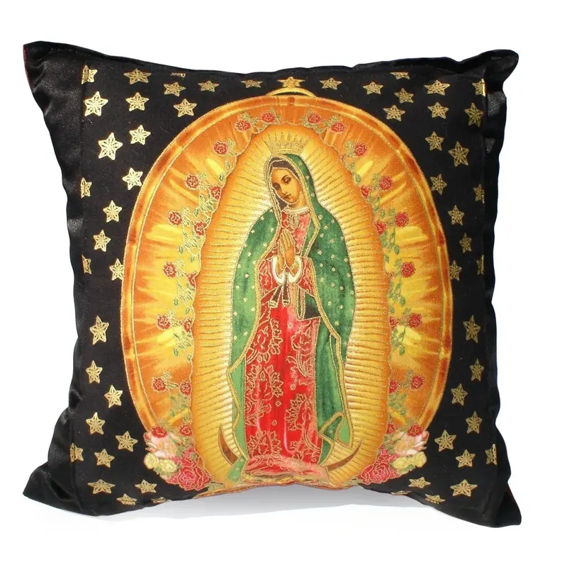 Mexican Guadalupe Virgin Mary Black & Gold Star Accent Pillow 1