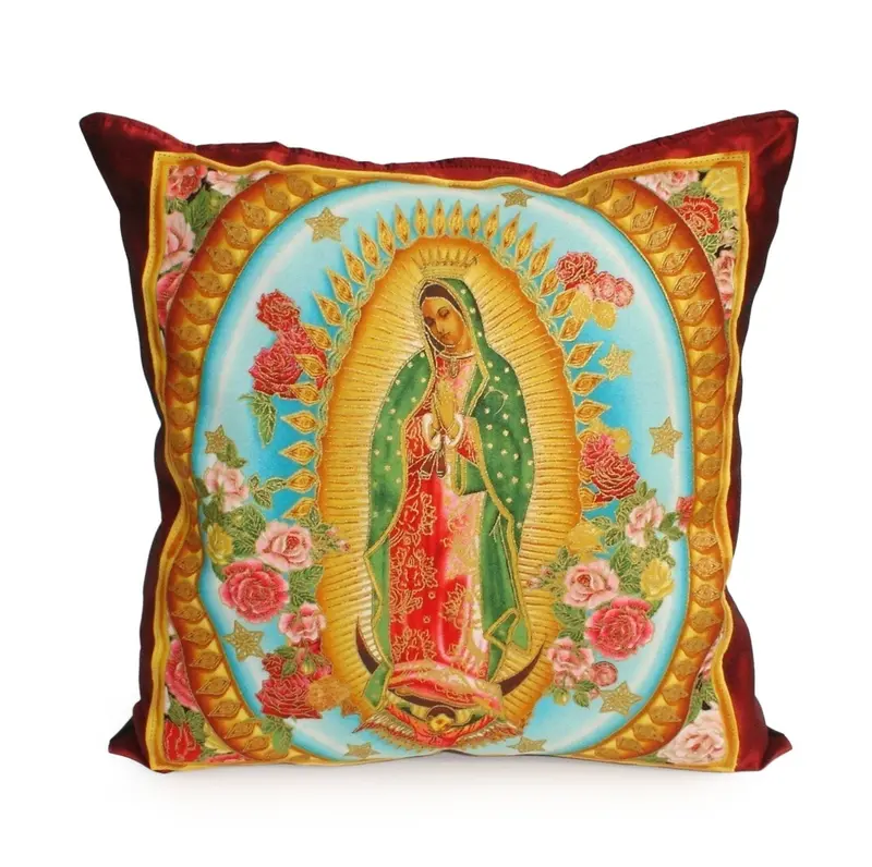 Mexican Guadalupe Virgin Mary Pink Rose Throw Pillow 1