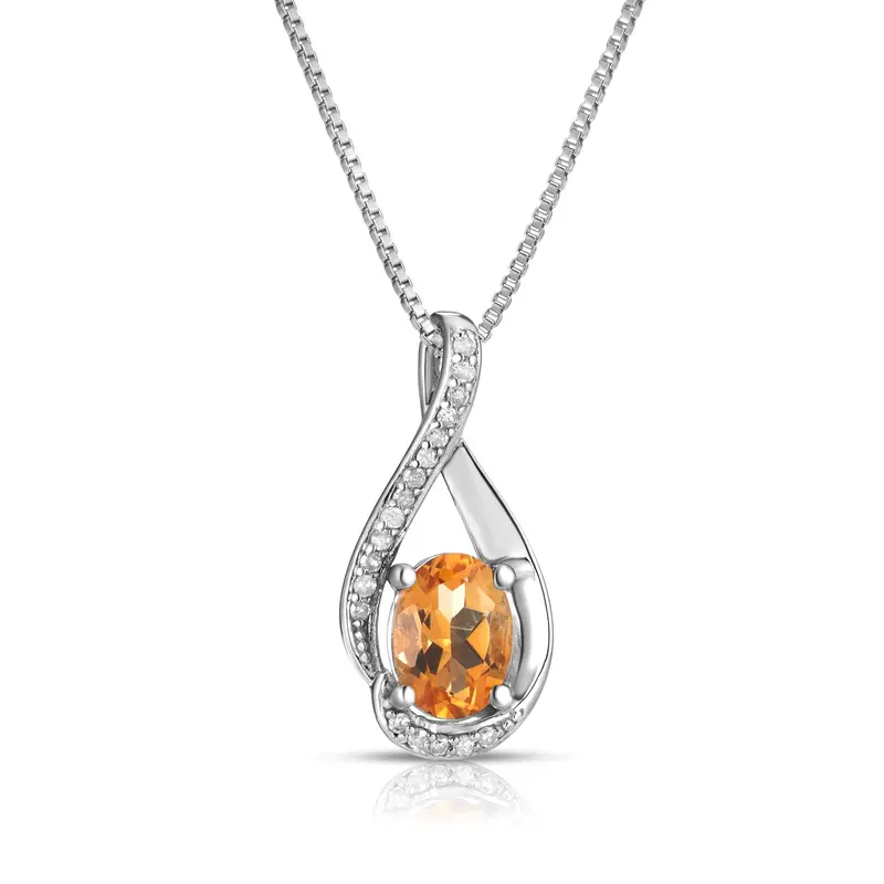 Oval Citrine Pendant With Diamond Swirl Design – November Birthstone, Sterling Silver 1