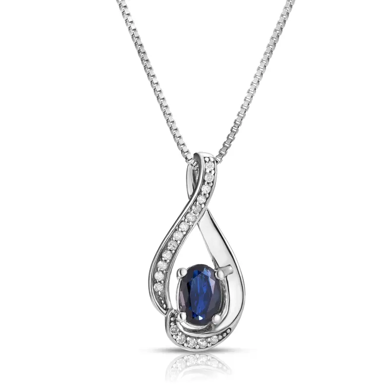Oval Sapphire Pendant With Diamond Swirl Motif – September Birthstone, Sterling Silver 1