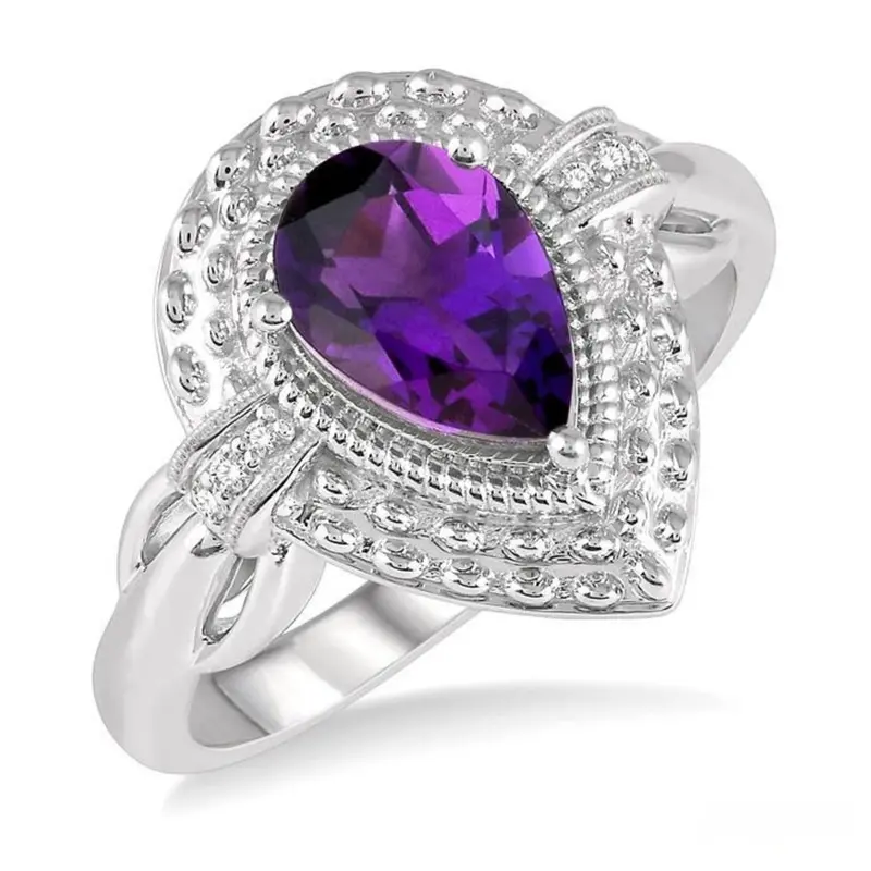 Pear-Shaped Amethyst And Diamond Ring In Sterling Silver 1