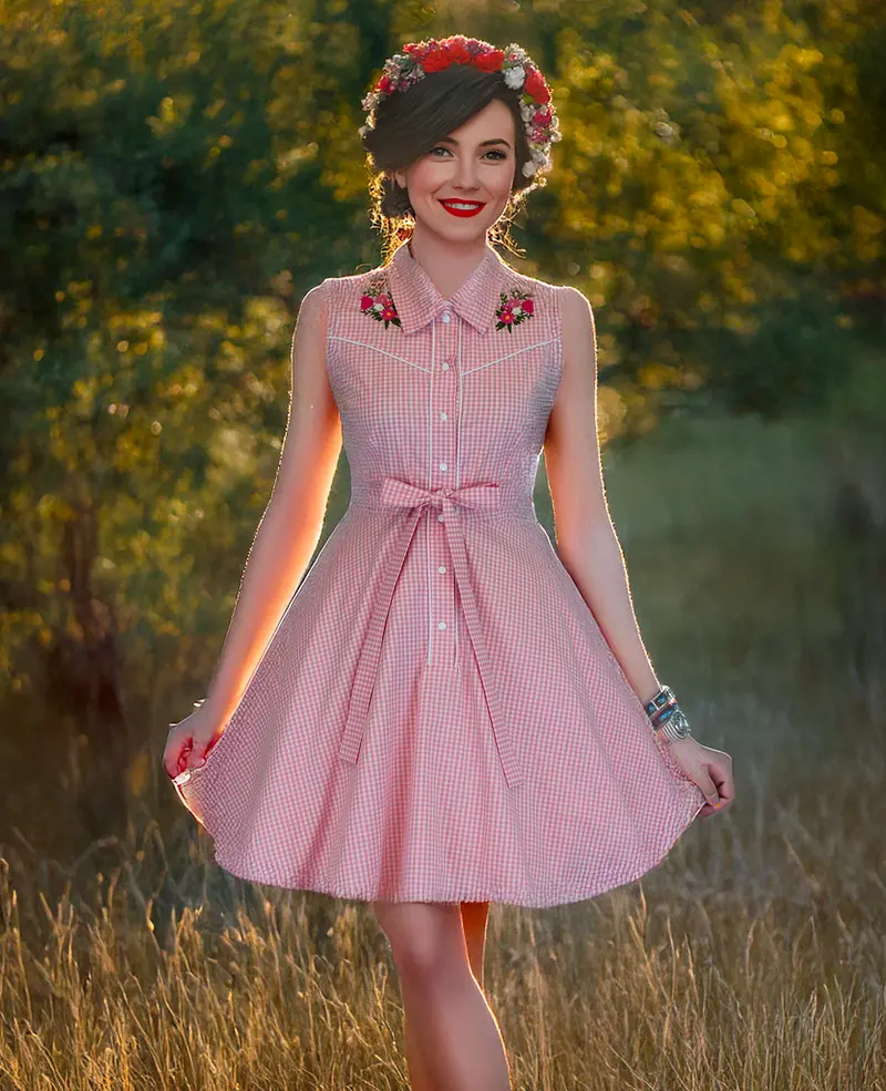 Pink Gingham Sleeveless Rockabilly Western Dress 1
