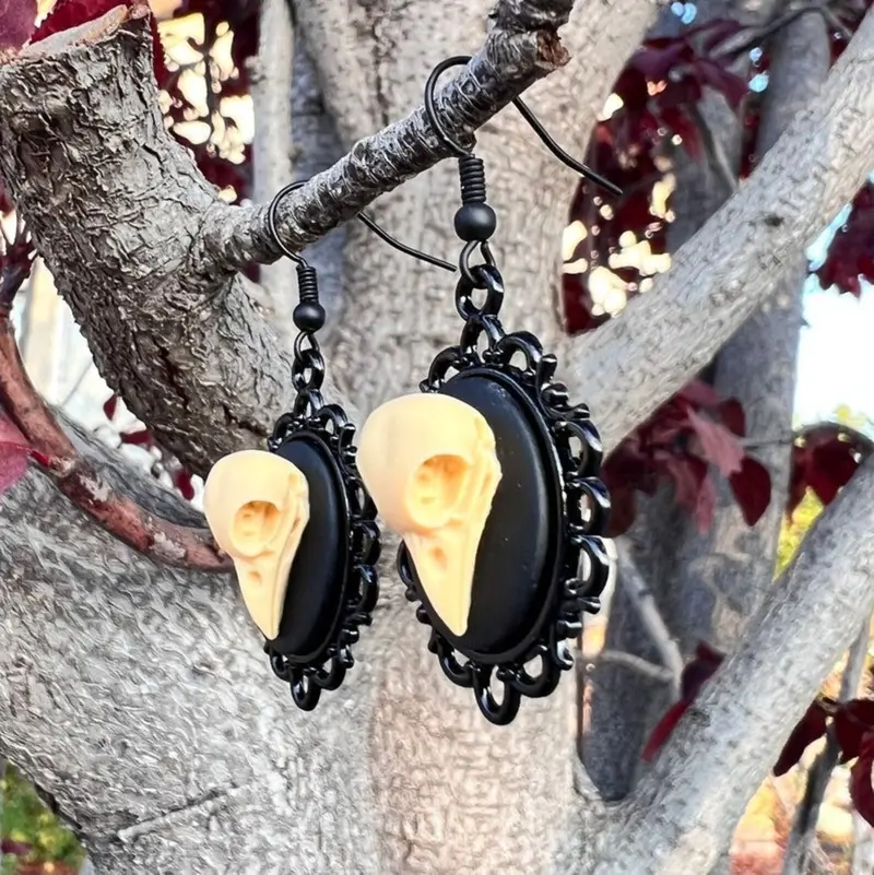 Raven Skull Resin Cameo Earrings – Edgar Allan Poe Inspired Handmade Pair 1