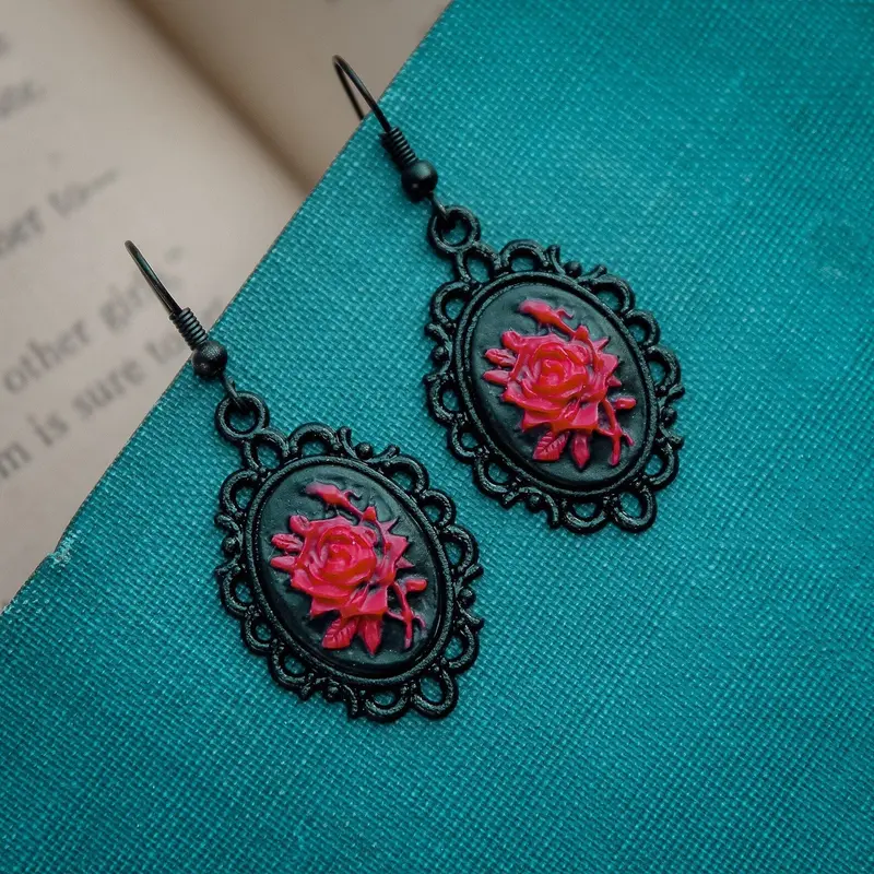 Red Rose Cameo Earrings – Artisan-Crafted Gothic Stud Set 1