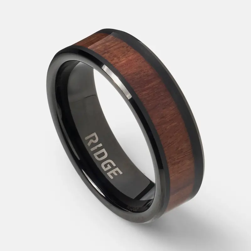 Ridge 8Mm Beveled Mopane Wood Inlay Ring Set 1