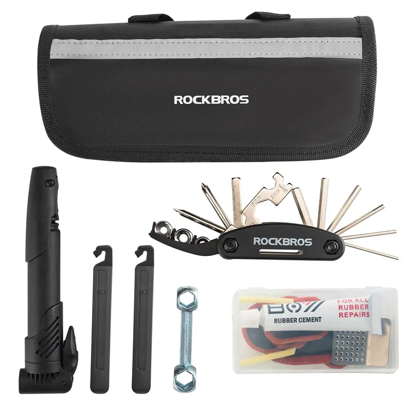 Rockbros Portable Bike Repair Kit – Multi-Tool, Floor Pump, Patches & Carry Bag 1