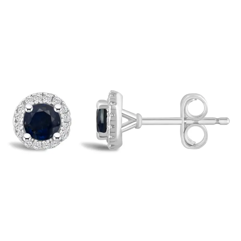 Round Sapphire & Diamond Halo Stud Earrings – September Birthstone, Sterling Silver 1
