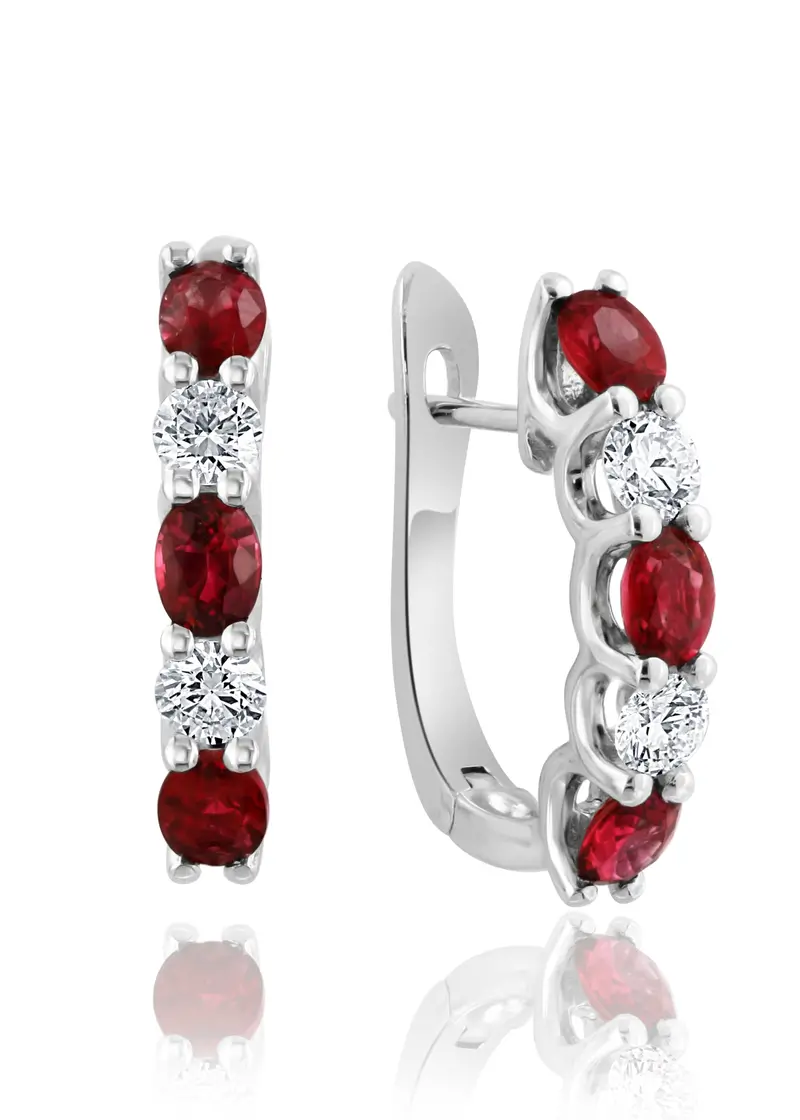 Ruby And Diamond Accent Hoop Earrings In 14K White Gold 1