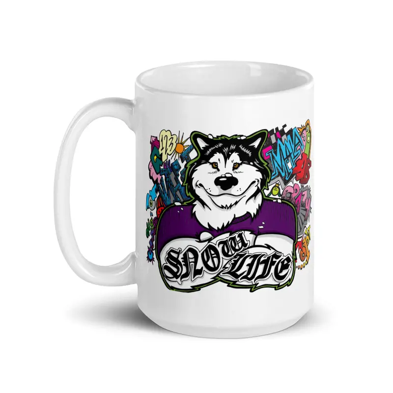 'Snow Life Graffiti' Alaskan Malamute Mug – Urban Winter-Themed Ceramic Coffee Cup 1