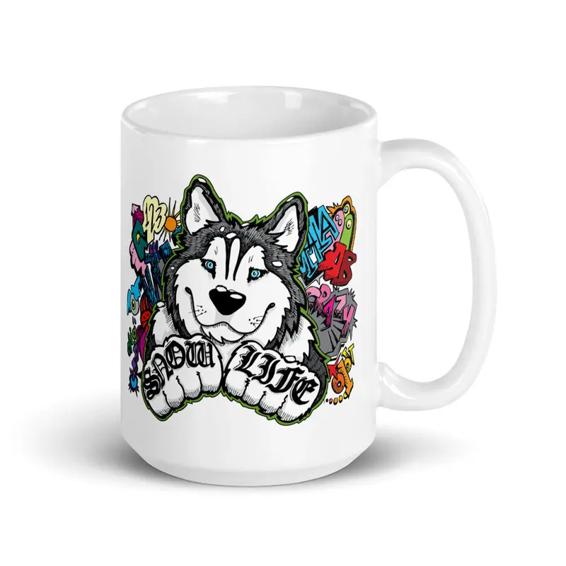 'Snow Life Graffiti' Siberian Husky Mug – Contemporary Arctic-Inspired Enamel Mug 1