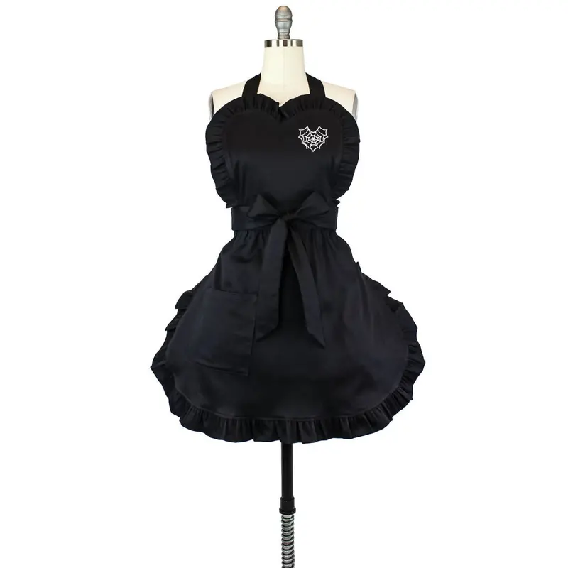 Spiderweb And Heart Embroidered Black Apron 1